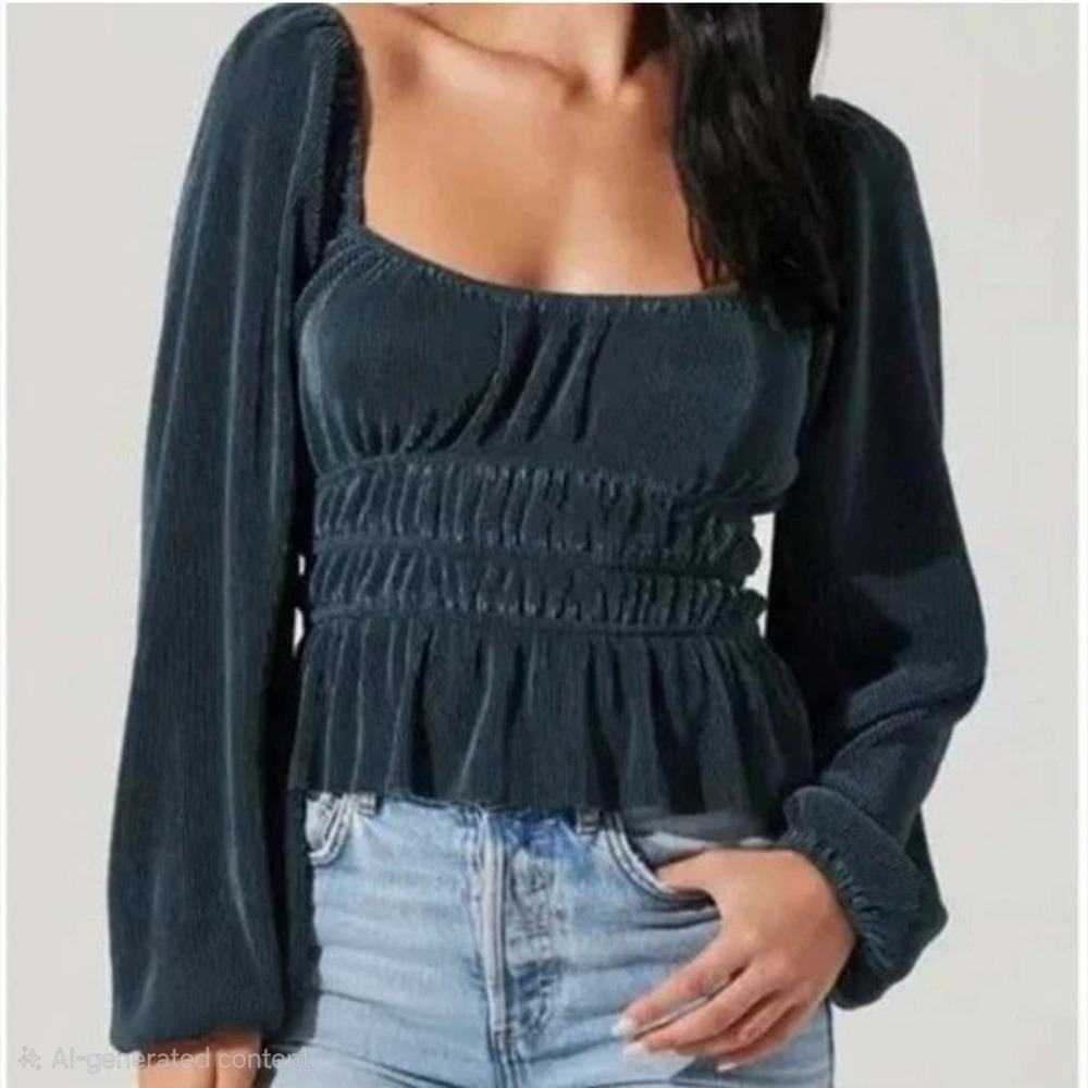 NWOT Plissé Pleated Blouse Women S Midnight Blue Smock Balloon Sleeve Goth Moody